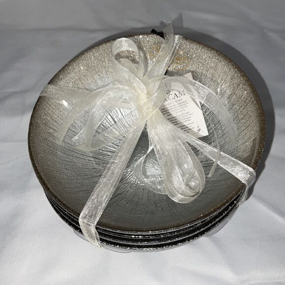NWT AKCAM TURKISH GLASS GLITTERY SILVER PLATINUM 6” SOUP SALAD BOWLS SET OF 4 - Picture 1 of 12